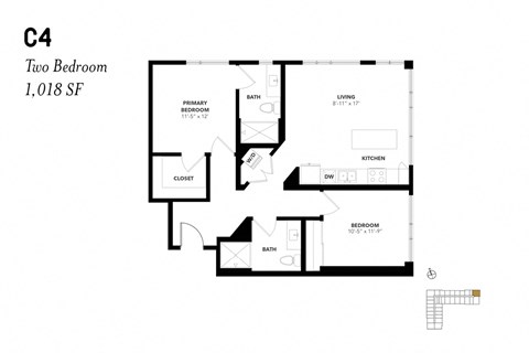 Floor plan for 2 beds, 2 baths, 1029 sqft